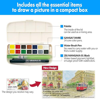 Kuretake Gansai Tambi Portable Watercolor Paint Set, 14 Colors, Japan