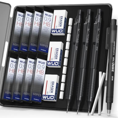 WUO 0.9mm Mechanical Pencil Set, 3 Pack Black Metal Drafting Pencils - color: Black, size: 0.9