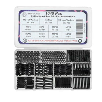 1040Pcs M3 Screw Kit, Hex Socket Head Cap M3 Screws, M3 Bolts Nuts Washers - color: Black, size: Black M3 (1040 Pcs)