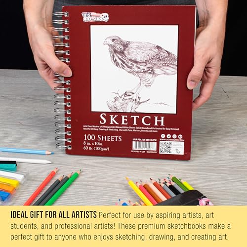 U.S. Art Supply 8"x10" Sketch Book Pad, Spiral Bound 100 Sheets Each,2-Pack - size: 8.0-x-10-inch