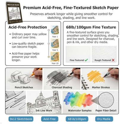 Soucolor Artist 9x12 Sketch Book Set, 4 Pack 400-Sheet Spiral Drawing Pads - color: Black, size: 9" x 12" (Pack of 4)