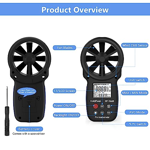 866B Handheld Anemometer with Tripod, Wind Speed CFM Meter - color: 866B+Small Tripod