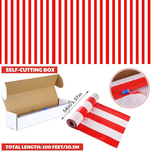 Oudain 54 Inch x 100 ft Red and White Striped Tablecloth Roll Cutter Box - style: Red and White