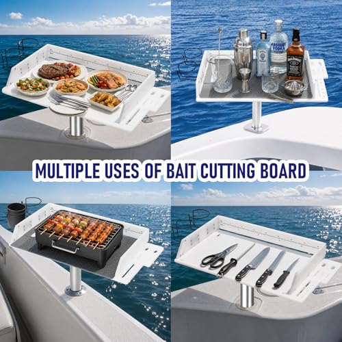 Bait Cutting Board for Boat, HDPE Thickened Bait Table Fishing Filet Board with Tool Slots and Larger Cup Holders, 360° Adjustable Rod Holder, Boat Fish Cleaning Table with Fish Fillet Mat