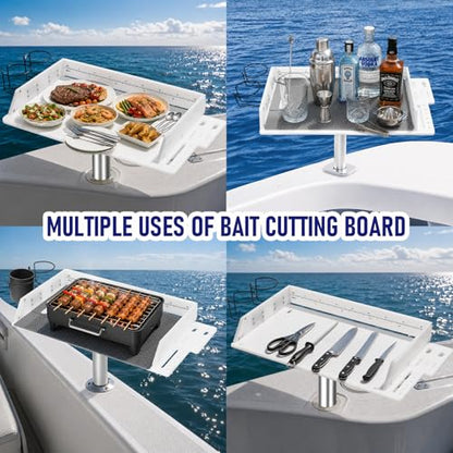 Bait Cutting Board for Boat, HDPE Thickened Bait Table Fishing Filet Board with Tool Slots and Larger Cup Holders, 360° Adjustable Rod Holder, Boat Fish Cleaning Table with Fish Fillet Mat