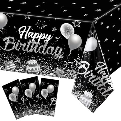 Breling 3 Pack Happy Birthday Tablecloths Decoration, Black Silver - color: Black Silver