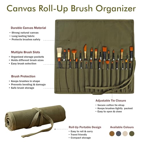 Liquidraw 30 Pocket Roll-Up Canvas Paint Brush Holder, 21 x 18in (Green) - color: Green