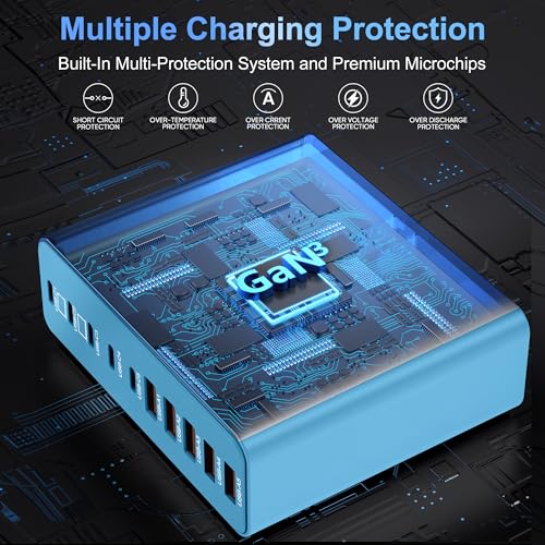 800W USB C Charger Block,10-Port Charging Station - color: Blue