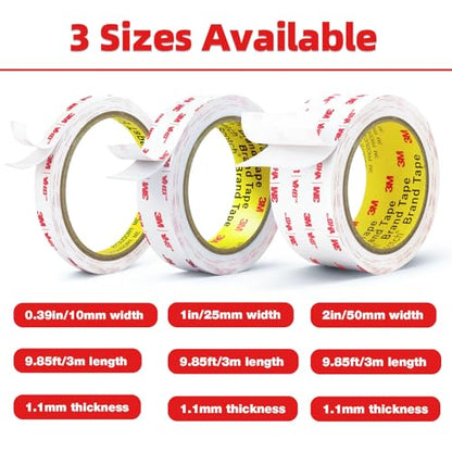 3M Double Sided Tape Heavy Duty, 0.39" x 9.85FT Removable Mounting Tape for Wall, Extra Strong Foam Tape, Picture Hanging Adhesive Strips Waterproof for Cars, Walls, Home, Office Décor - size: 0.39in x 9.85ft