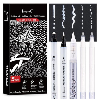 Brusarth White Pens Set, White Gel Pens, Dual-Tip Acrylic Paint Pen