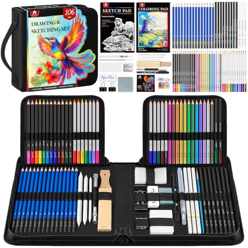 106 PCS Art Supplies Sketching Kit, Pro Drawing Pencils Art Kit Adults Gift - color: Black, size: 106 Pack