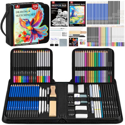 106 PCS Art Supplies Sketching Kit, Pro Drawing Pencils Art Kit Adults Gift - color: Black, size: 106 Pack