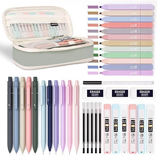 Nicpro 6PCS Art Mechanical Pencils Set 39 PCS Aesthetic School Supplies with Big Capacity Pen Case