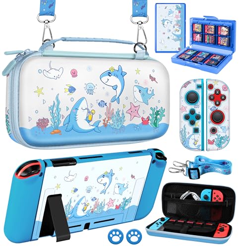 Gurgitat 8in1 Kits Accessories Bundle for Nintendo Switch 2017 - Cute Carrying Case, Protective Cover, Joy Con Grips, Thumb Grips, 24 Game Holder, Shoulder Strap Teens Boys Girls, Blue Shark - color: Blue Shark, size: for Nintendo Switch 2017