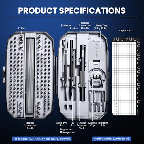 153PCS Precision Electric Screwdriver Set,Mini Magnetic Repair Kit with 140 S2 Bits,Rechargeable 3-Speed Electric Screwdriver,Manual&Electric Dual Mode,LED Light for iPhone,Laptop,PC,Electronics - color: Grey, size: Electric
