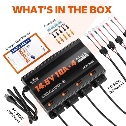 LiTime 4 Bank 12V 10A LiFePO4 Battery Charger, Waterproof, 14.6V Output