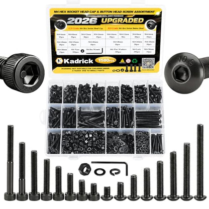 KADRICK 1580PCS M4 Screws Assortment,Hex Socket Button & Cap Head - size: M4 1580Pcs 6-40mm
