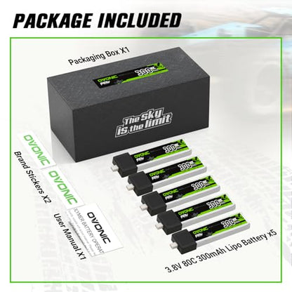 OVONIC 3.8V 80C 300mAh 1S Lipo Battery High Voltage with BT2.0 Plug [1 Package Including 5 Batteries]