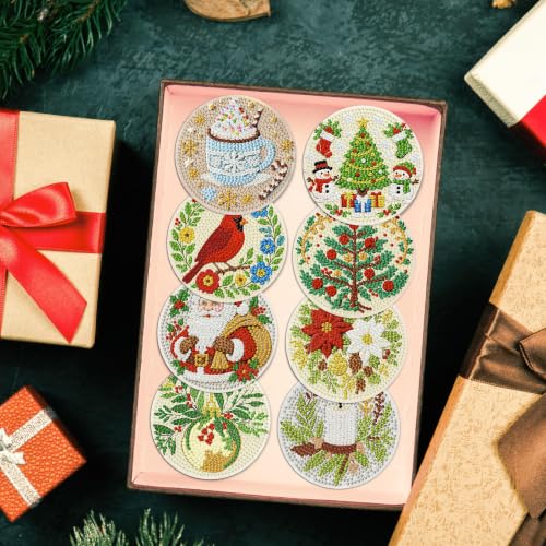 HHMATITS 8 Pcs Christmas Diamond Art Coasters Kit for Adults 4X4IN - color: Christmas