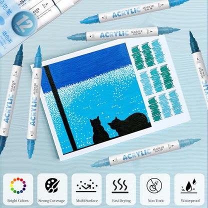 Blue Acrylic Paint Pens, Water Based 12 Colors Dual Tip - color: Blue Series