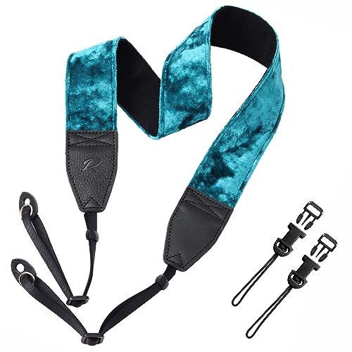 Padwa Lifestyle Peacock Blue Velvet Camera Strap - 2" Double Layer Full Grain Cowhide Leather Head Camera Straps for Photographers,Unique Soft Velvet Fabric with Quick Release fits all Cameras - color: Peacock Blue