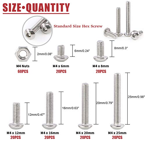 Hilitchi 180-Piece [M4] Stainless Steel Hex Socket Button Head Cap Bolts Screws Nuts Assortment Kit (M4) - color: M4