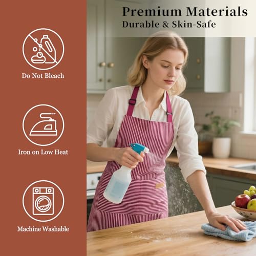 2 Pack Cooking Aprons Adjustable Bib Apron for Women with 2 Pockets, Kitchen Restaurant Men Chefs Aprons - color: Wine Pinstripes