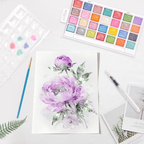 28 Metallic Colors Washable Watercolor Paint Set, with 2 Brushes Pen
