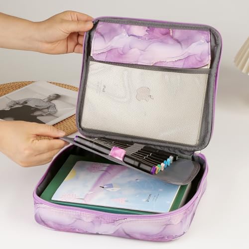 Multi-Functional Zipper Pencil ipad case w/Handle and Zippered Pocket - color: Dark Marble Purple