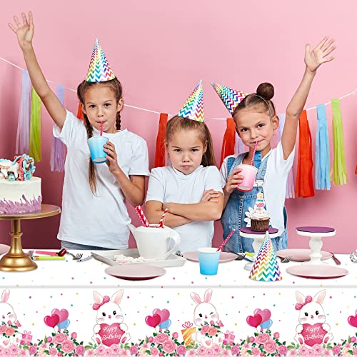 Jecery 3 Pack Bunny Birthday Party Tablecloth, Rabbit Floral Pastel Design