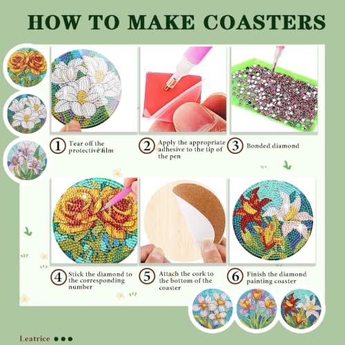 Leatrice 6 Pcs Diamond Art Coasters Small Diamond Painting Kits for Adults - color: BB flower a
