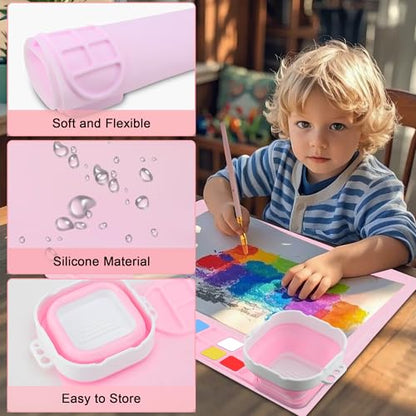 Silicone Painting Mat, Reusable Artist Mat with Spill Proof Cup and Non Stick Fabric Palettes, 16 Color Dividers Craft Mat for Artist Clay DIY and Acrylic Painting(Pink+Blue) - color: Pink+blue