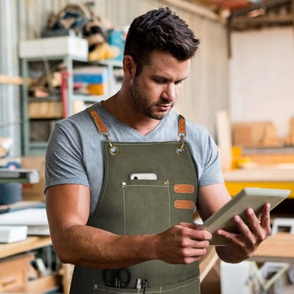 OUNLEN Chef Apron for Men Women Canvas Aprons with 3 Pockets Cross Back Resistant Work Apron for Cooking - color: Olive