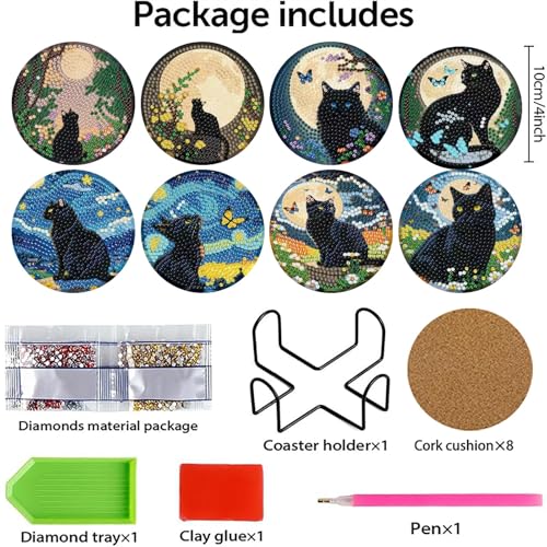 askkqtx 8 Pcs Black Cat Diamond Art Coasters Kits with Holder 4X4 Inch - color: Coasters-bdwy340