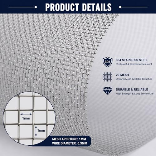Stainless Steel 304 Wire Mesh-Metal Mesh Screen 15.5 inches x 10 feet