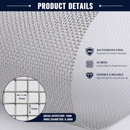 Stainless Steel 304 Wire Mesh-Metal Mesh Screen 15.5 inches x 10 feet