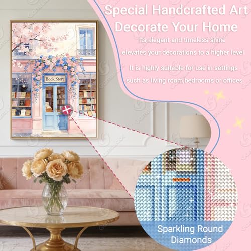 Gamteldot Bookstore Diamond Art Kits for Adults Beginner,Pink Diamond Art - color: Bookstore