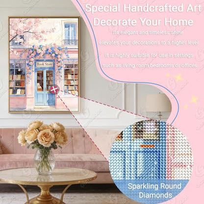 Gamteldot Bookstore Diamond Art Kits for Adults Beginner,Pink Diamond Art - color: Bookstore
