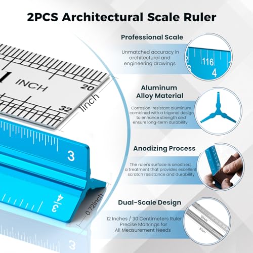 2 Pcs Architectural Scale Ruler 12 Inch, Aluminum Architect Ruler & Metal Ruler Set, Imperial Engineer Scale for Blueprints, Drafting Ruler for Architects, Students, Draftsmen, and Engineers (Blue)