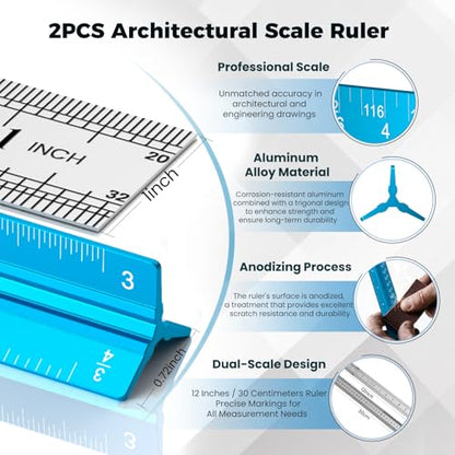 2 Pcs Architectural Scale Ruler 12 Inch, Aluminum Architect Ruler & Metal Ruler Set, Imperial Engineer Scale for Blueprints, Drafting Ruler for Architects, Students, Draftsmen, and Engineers (Blue)