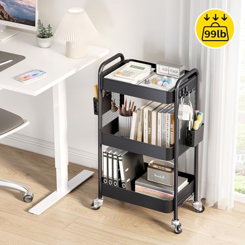 TOOLF 3 Tier Rolling Cart, Metal Utility Storage Cart with Pegboard, Black - color: Black, size: 3-Tier