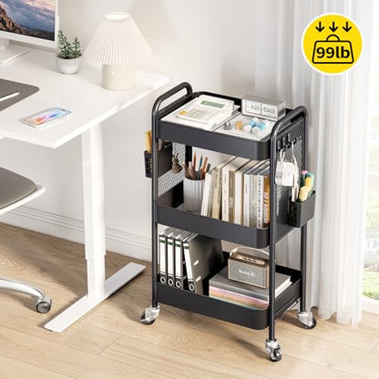 TOOLF 3 Tier Rolling Cart, Metal Utility Storage Cart with Pegboard, Black - color: Black, size: 3-Tier