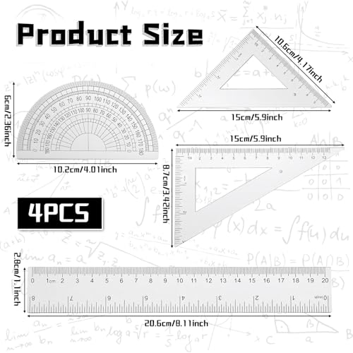 4 Pcs Math Geometry Set Transparent Plastic Ruler Kit with 8 Inch Straight Rulers, Triangular Ruler, Protractor, Clear Measuring Tools for Office and Drafting