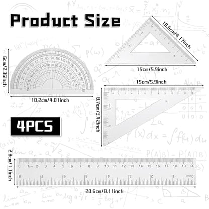 4 Pcs Math Geometry Set Transparent Plastic Ruler Kit with 8 Inch Straight Rulers, Triangular Ruler, Protractor, Clear Measuring Tools for Office and Drafting