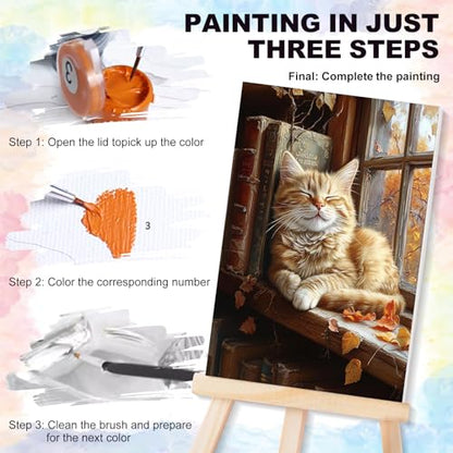 4 Pcs Framed Paint by Numbers Kit for Adults Sleeping Cat with Wooden Easel - color: YOP4P10