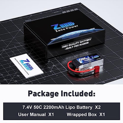 Zeee 2S 2200mAh Shorty Lipo Battery 7.4V 50C with T Connector (2 Pack)