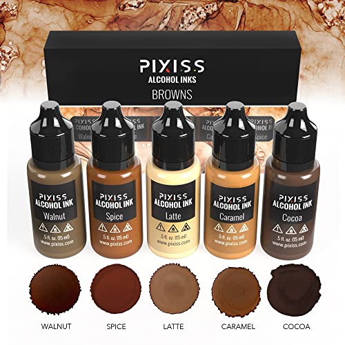 Pixiss Brown Alcohol Ink Set and Alcohol Blending Solution for Ink (4oz) - Highly Saturated Alcohol Ink for Resin and Ink Blending Solution with Applicator Tip, Applicator Bottle, and Funnel