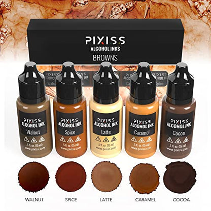 Pixiss Brown Alcohol Ink Set and Alcohol Blending Solution for Ink (4oz) - Highly Saturated Alcohol Ink for Resin and Ink Blending Solution with Applicator Tip, Applicator Bottle, and Funnel