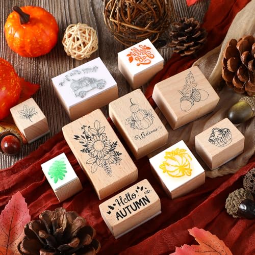 Woanger 15 Pcs Fall Wooden Rubber Stamps with Ink Pads Fall Style - color: Fall Style