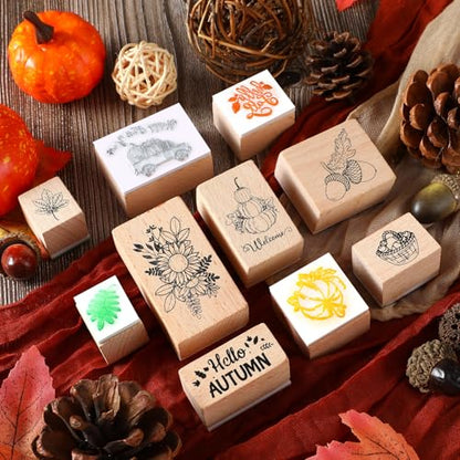 Woanger 15 Pcs Fall Wooden Rubber Stamps with Ink Pads Fall Style - color: Fall Style